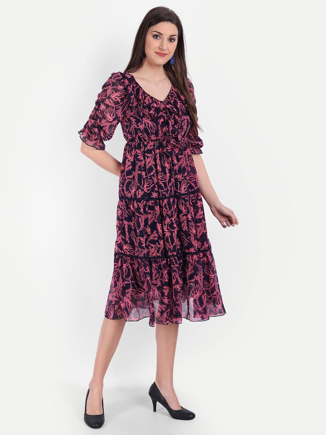 Floral Printed Georgette Fit & Flare Midi Dress