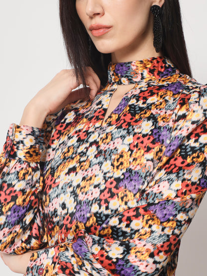 Multicoloured Floral Print Keyhole Neck Satin Top