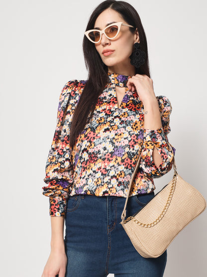 Multicoloured Floral Print Keyhole Neck Satin Top