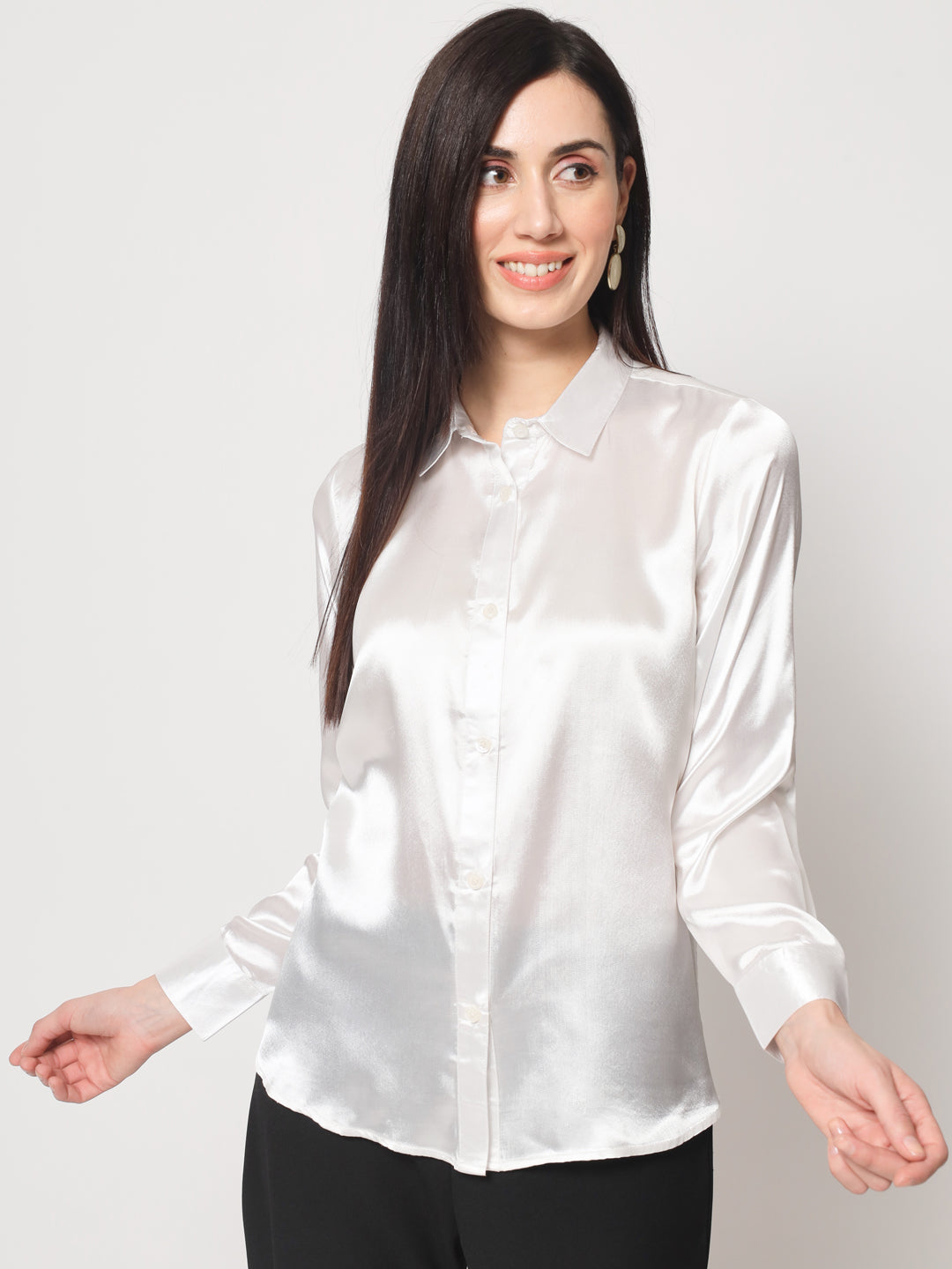 Women White Solid Slim Fit Satin Shirt