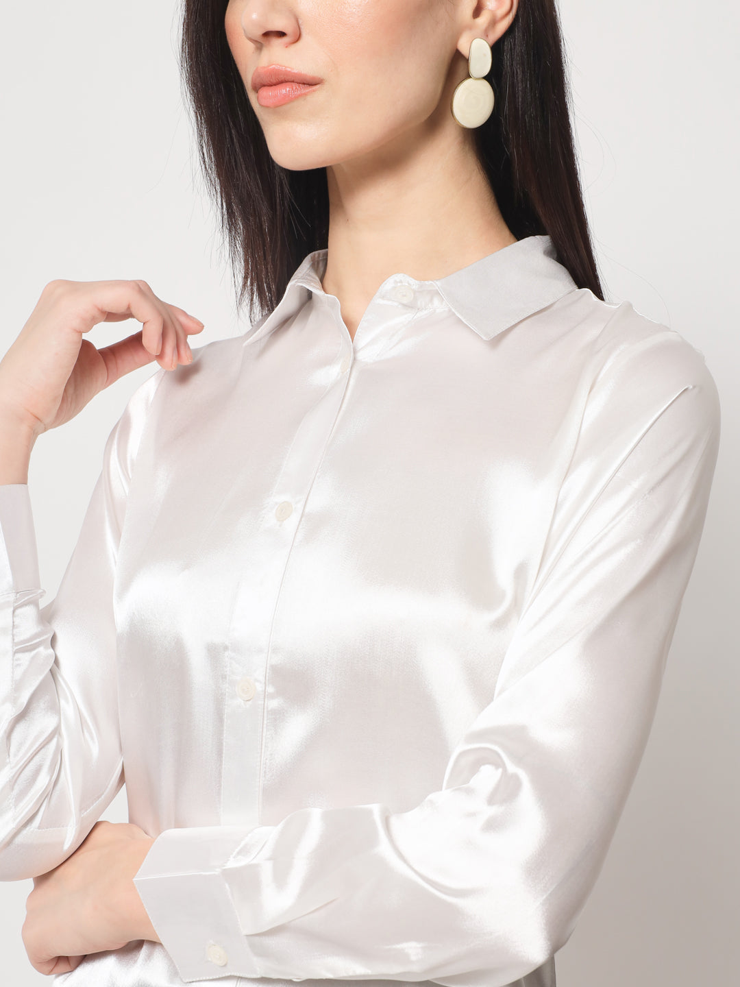 Women White Solid Slim Fit Satin Shirt