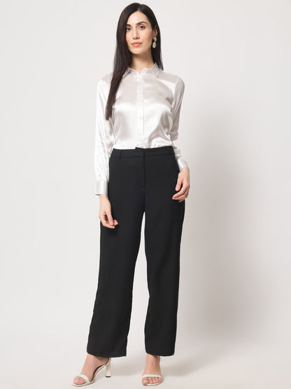 Women White Solid Slim Fit Satin Shirt