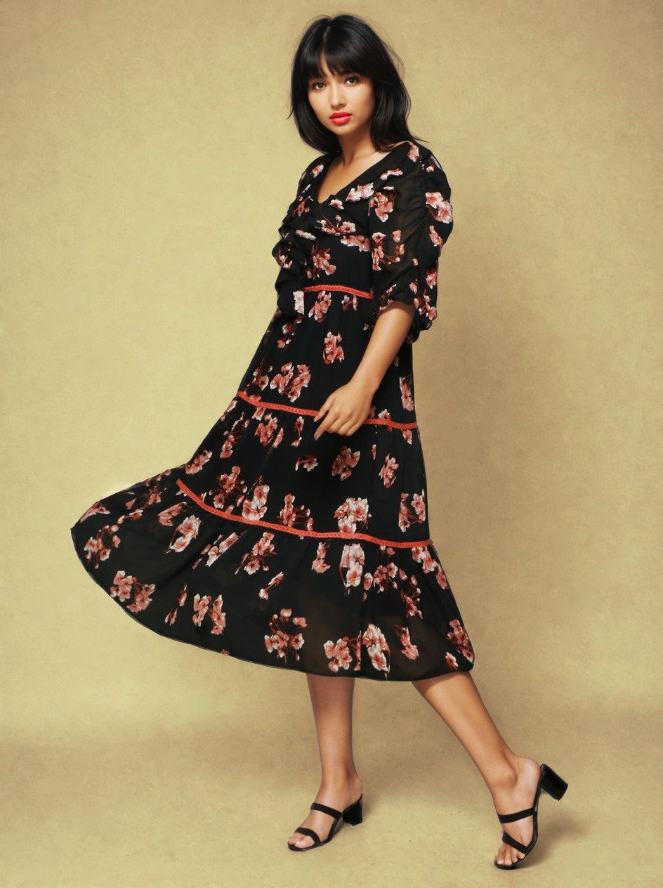 Floral Print Georgette V-Neck Puff Sleeves Opaque Fit & Flare Midi Dress