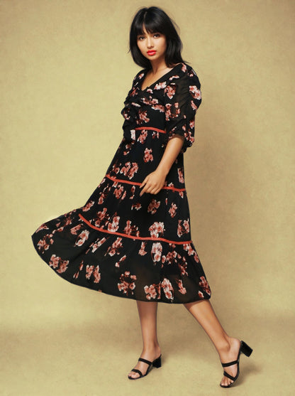 Floral Print Georgette V-Neck Puff Sleeves Opaque Fit & Flare Midi Dress