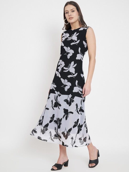 Floral Print Georgette Round Neck A-Line Midi Dress