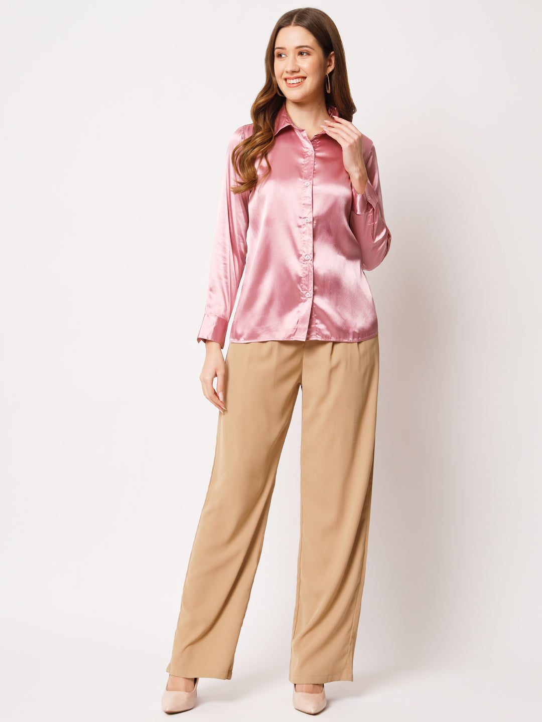 Spread Collar Long Sleeves Satin Classic Shirt