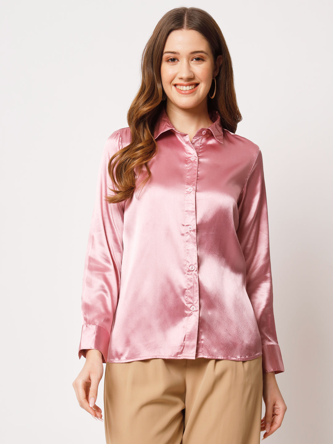 Spread Collar Long Sleeves Satin Classic Shirt