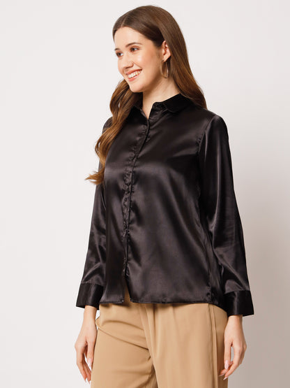 Spread Collar Long Sleeves Satin Classic Shirt