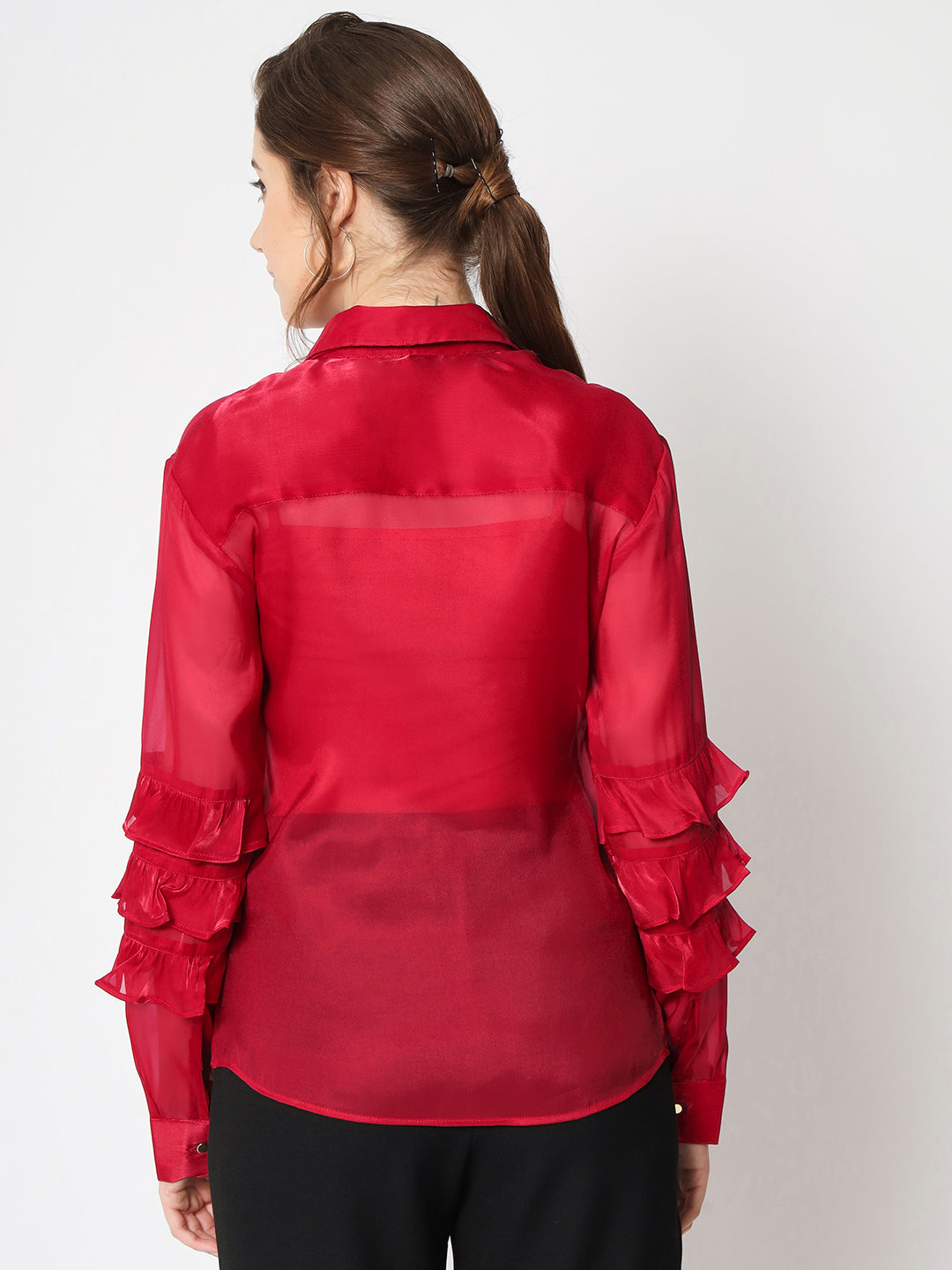 Women Classic Spread Collar Ruffled Red Party Shirt