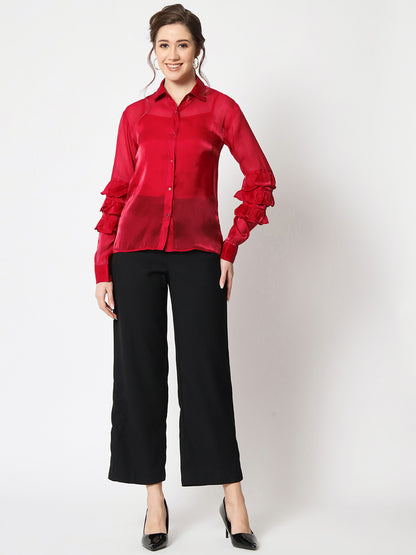 Women Classic Spread Collar Ruffled Red Party Shirt