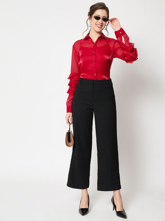 Women Classic Spread Collar Ruffled Red Party Shirt