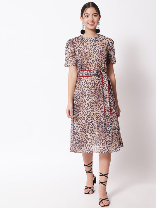 Women Brown Animal Print Georgette Dress