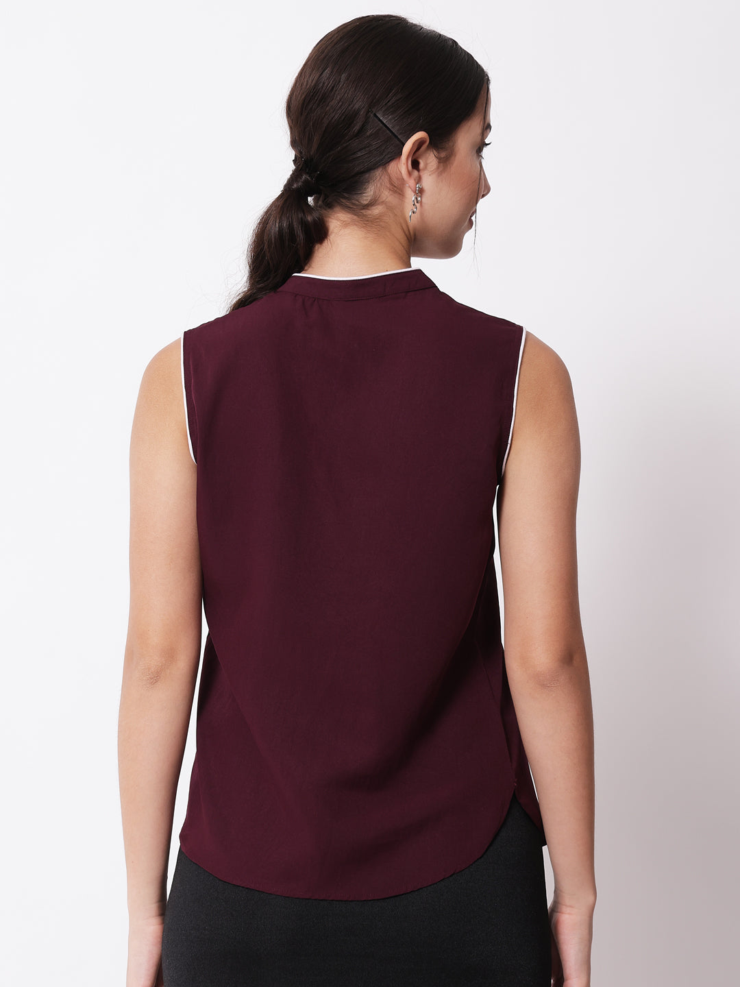 Maroon Mandarin Collar Crepe Top