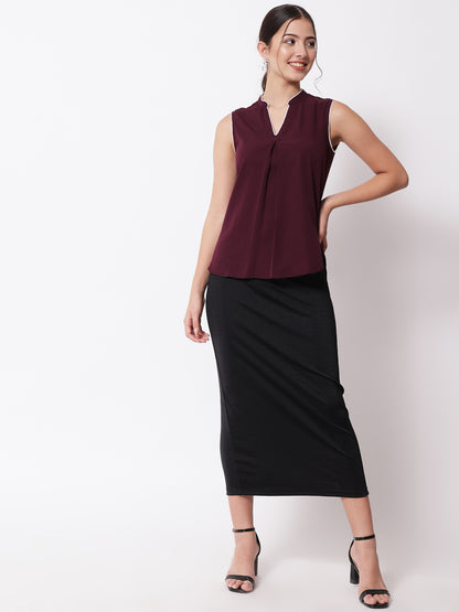 Maroon Mandarin Collar Crepe Top