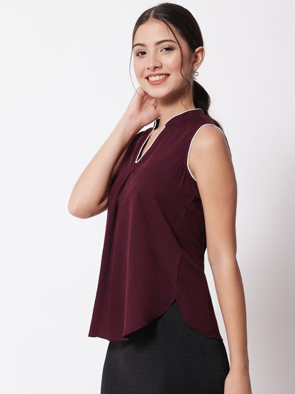 Maroon Mandarin Collar Crepe Top