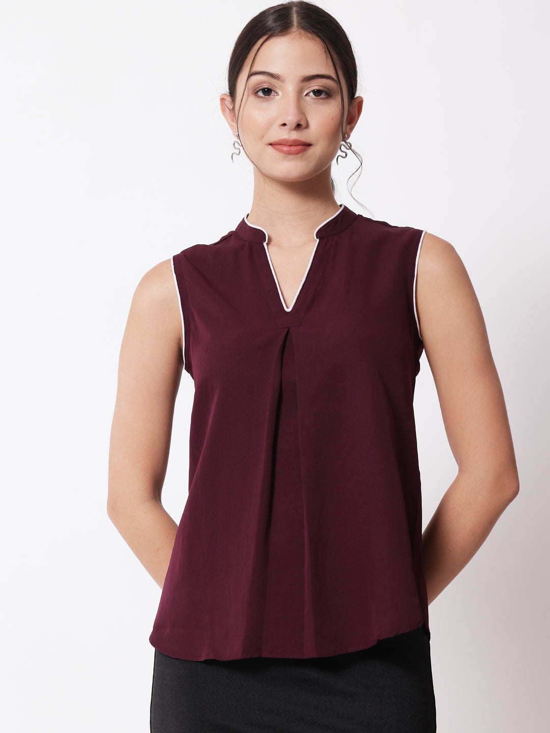 Maroon Mandarin Collar Crepe Top