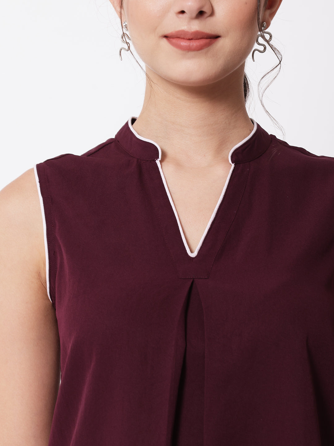 Maroon Mandarin Collar Crepe Top