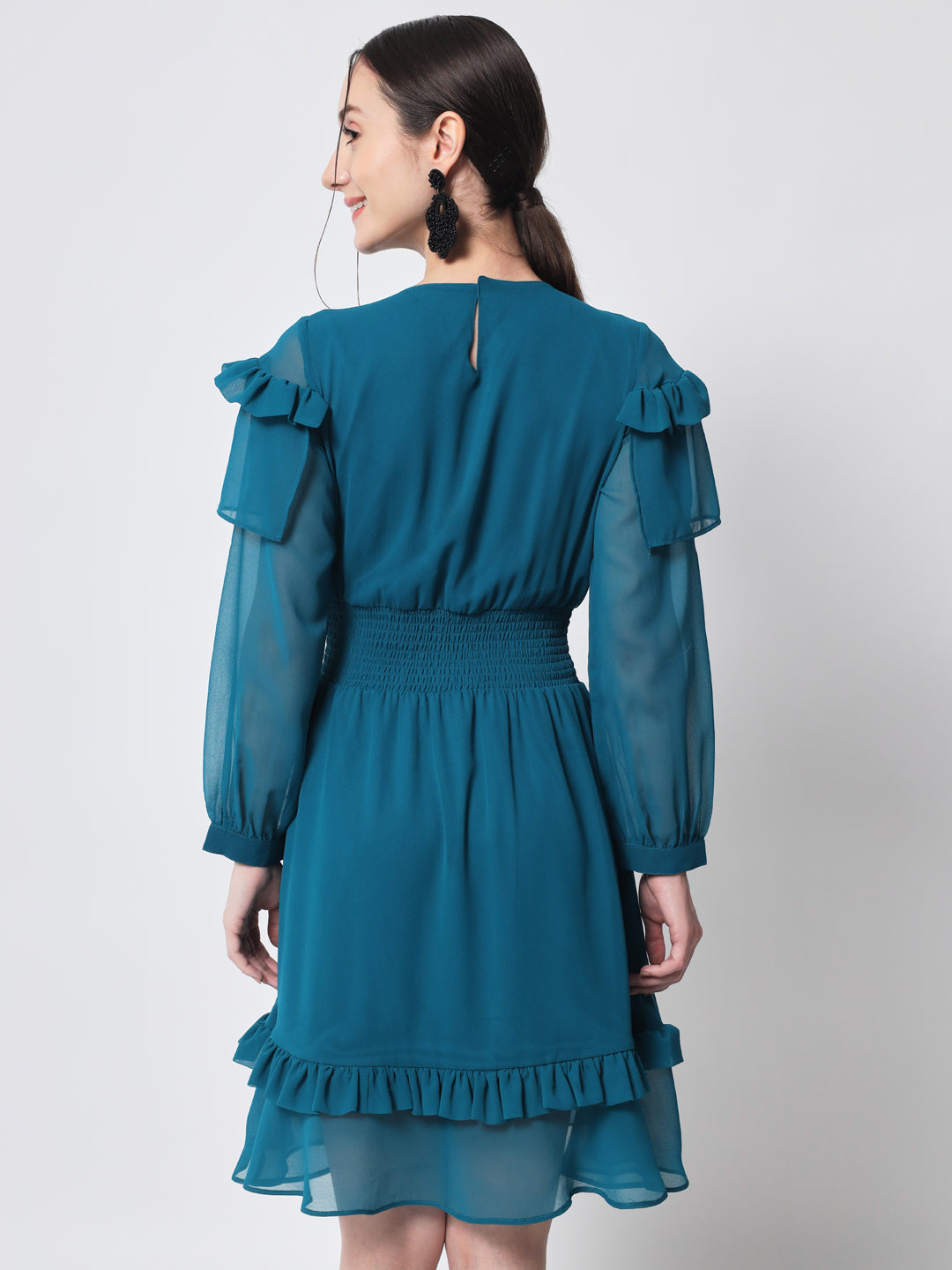 Teal Smocked Puff Sleeves Fit & Flare Dress