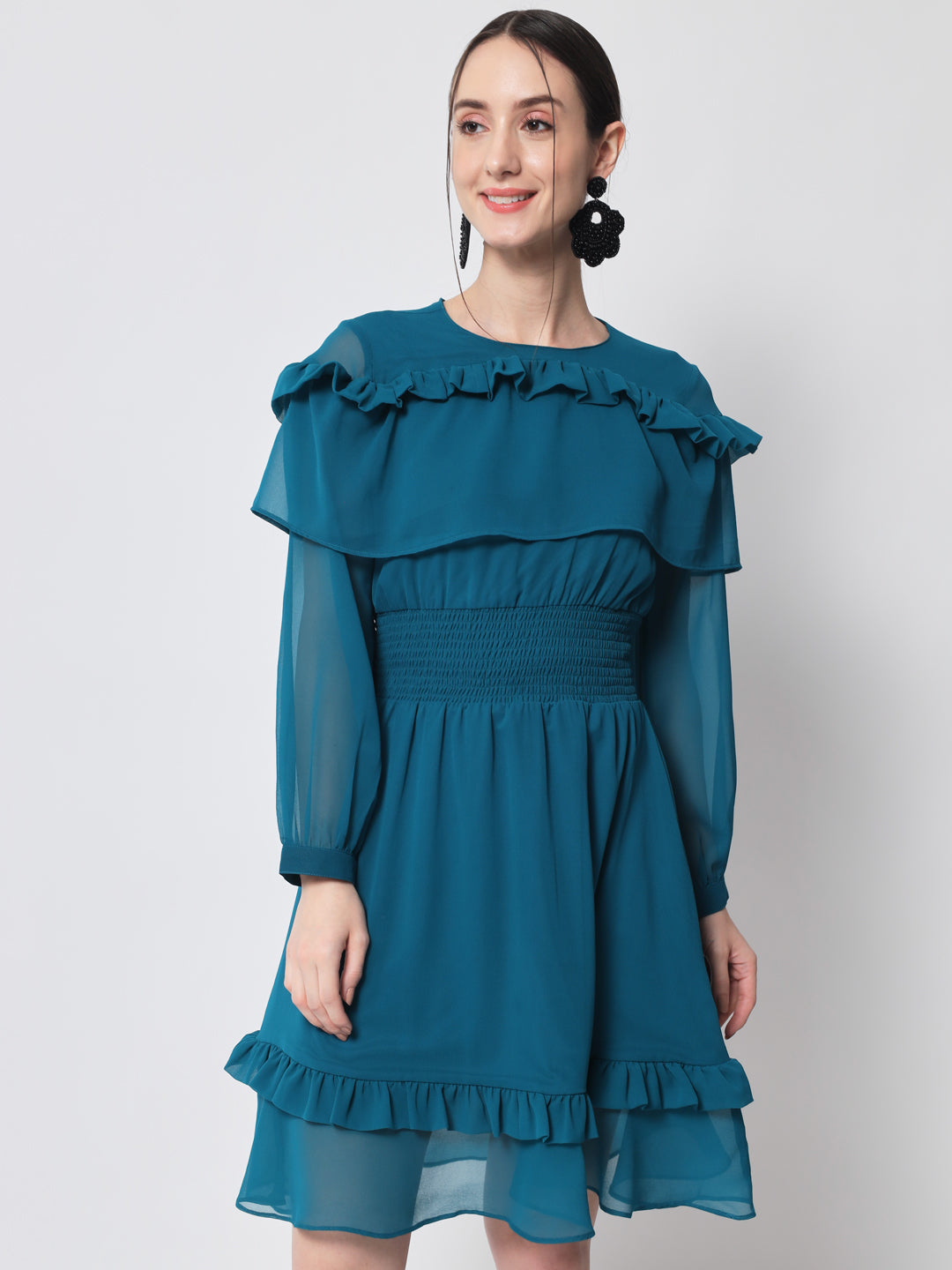 Teal Smocked Puff Sleeves Fit & Flare Dress