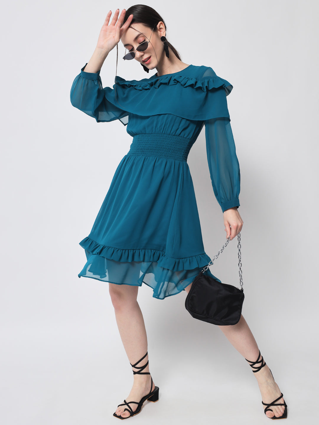 Teal Smocked Puff Sleeves Fit & Flare Dress