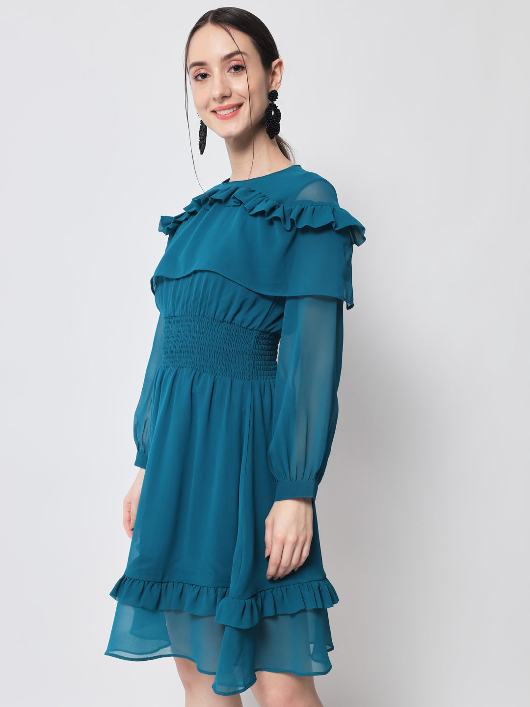 Teal Smocked Puff Sleeves Fit & Flare Dress