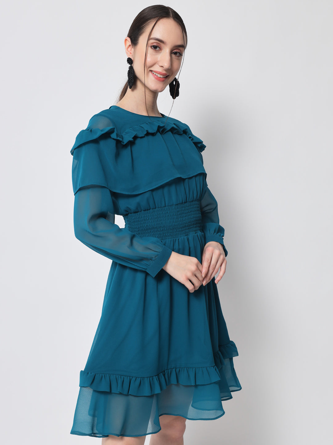 Teal Smocked Puff Sleeves Fit & Flare Dress