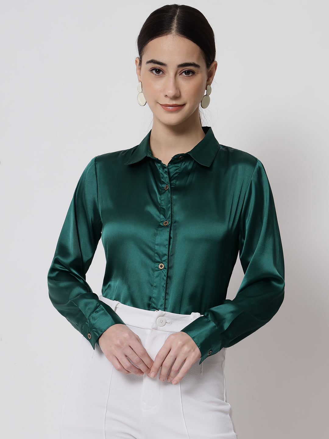 Women Green Satin Relaxed Formal Shirt