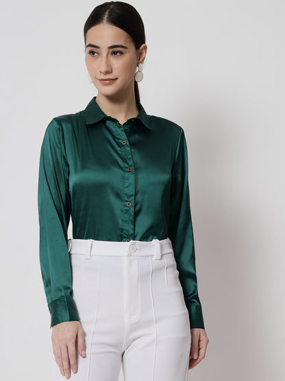 Women Green Satin Relaxed Formal Shirt