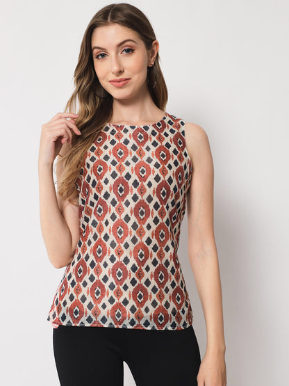 Cream & Maroon Print Crepe Top