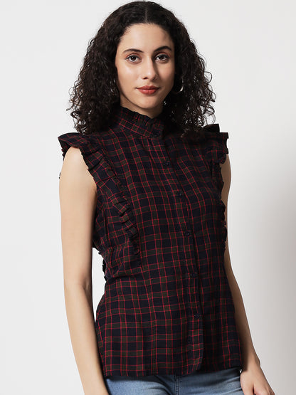 Women Blue Slim Fit Tartan Checks Checked Casual Shirt