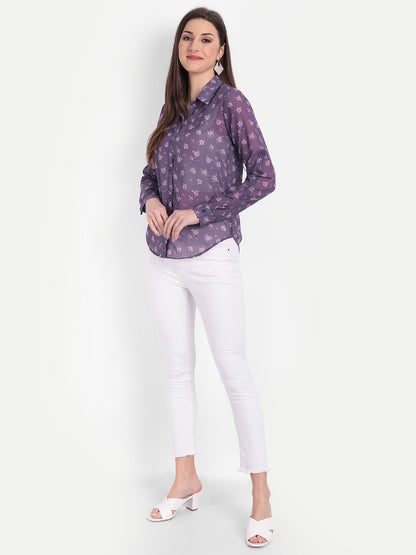 Women Purple Relaxed Semi Sheer Floral Printed Casual Shirt