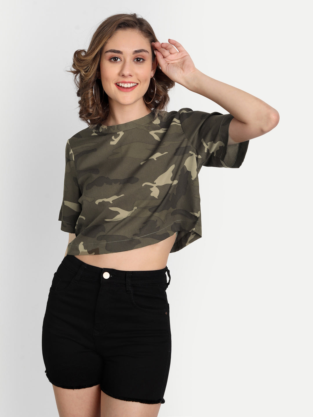 Women Olive Green & Beige Camouflage Printed Oversized Crop Top