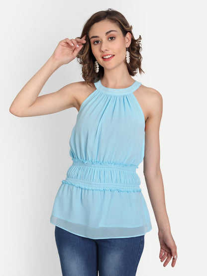 Blue Crepe Cinched Waist Top