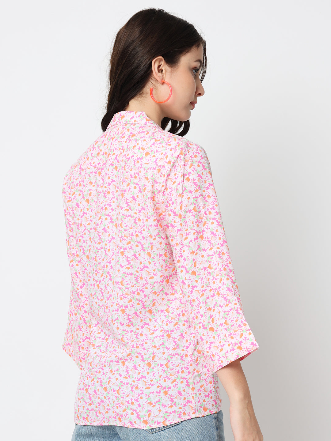 Pink Floral Print Mandarin Collar Shirt Style Top