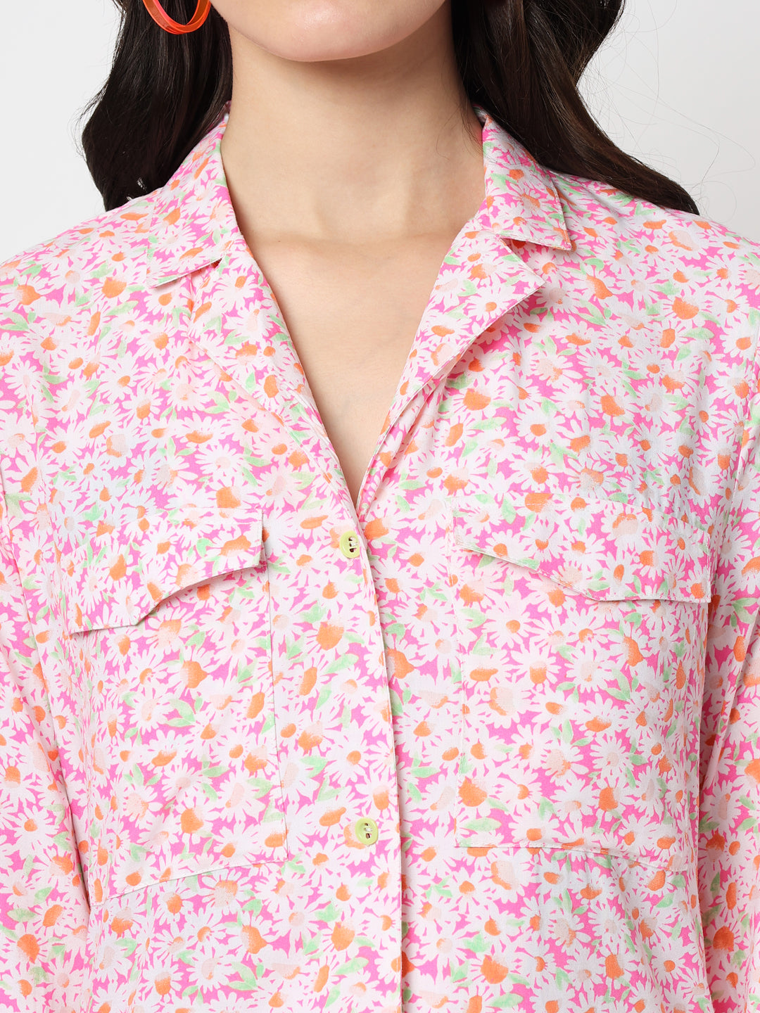 Pink Floral Print Mandarin Collar Shirt Style Top