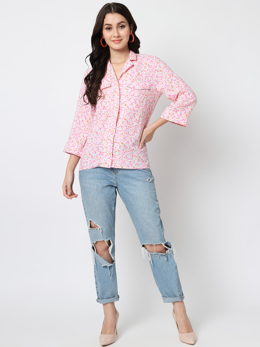 Pink Floral Print Mandarin Collar Shirt Style Top