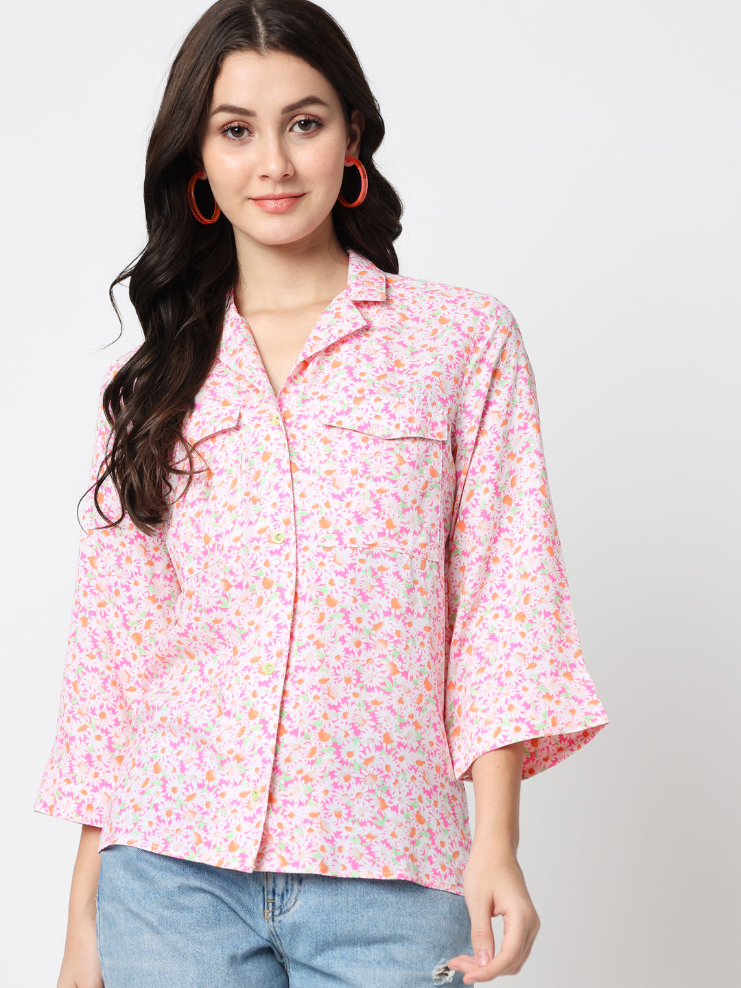 Pink Floral Print Mandarin Collar Shirt Style Top