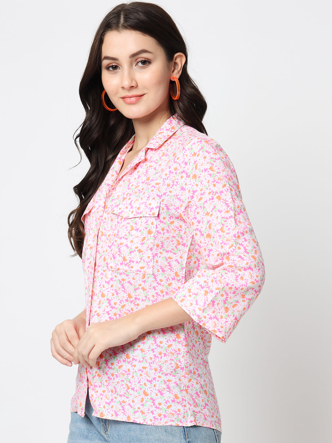 Pink Floral Print Mandarin Collar Shirt Style Top