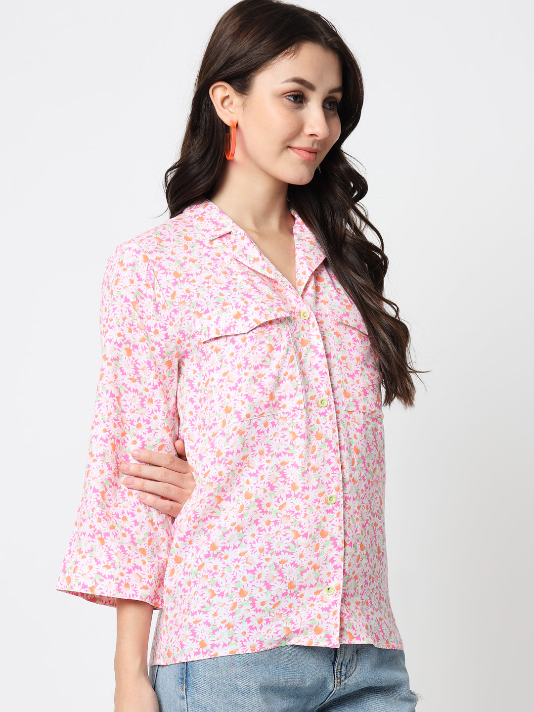 Pink Floral Print Mandarin Collar Shirt Style Top