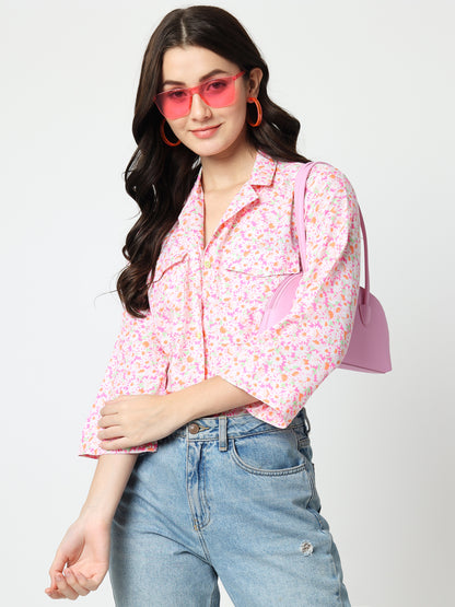 Pink Floral Print Mandarin Collar Shirt Style Top