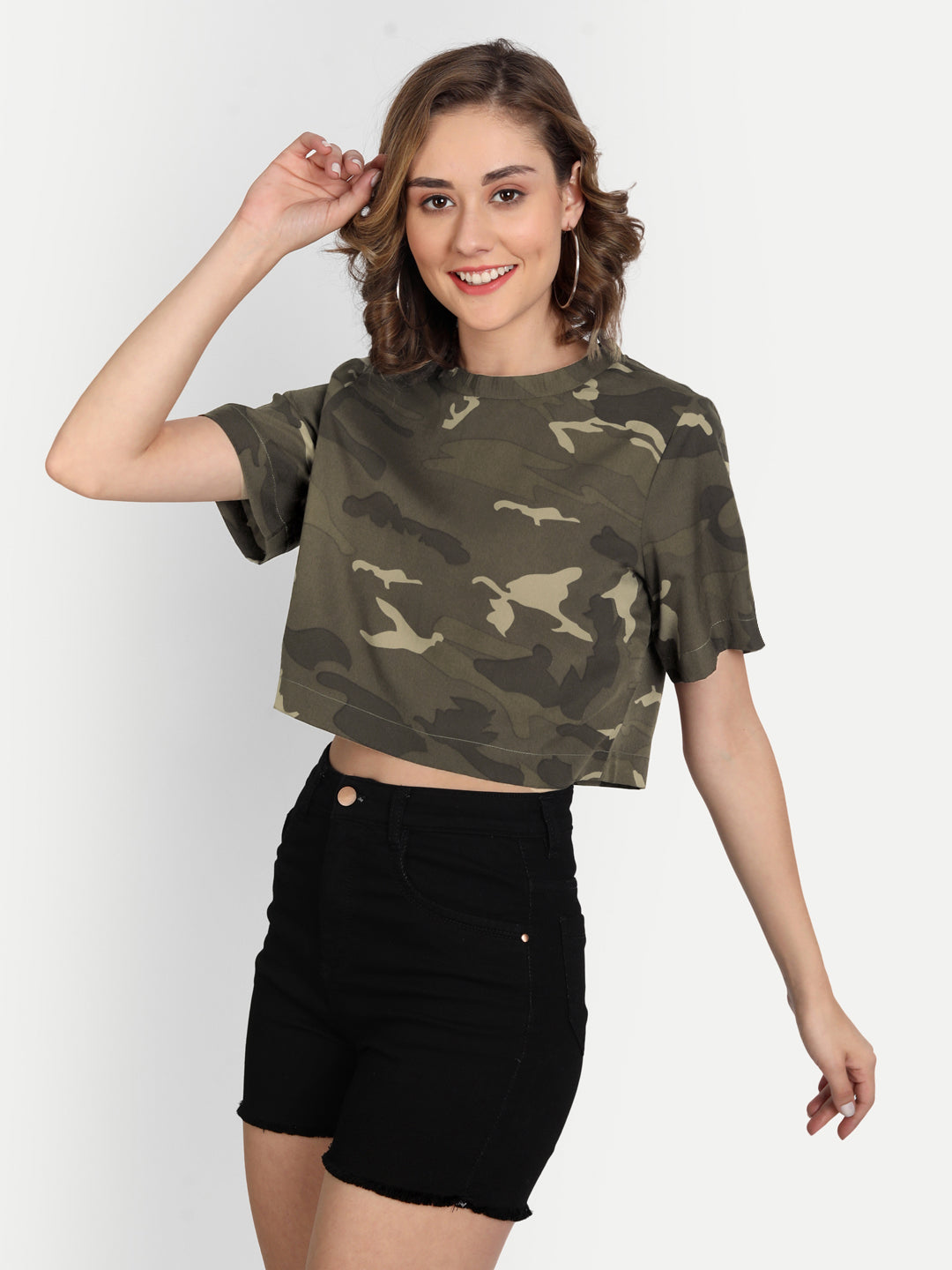 Women Olive Green & Beige Camouflage Printed Oversized Crop Top