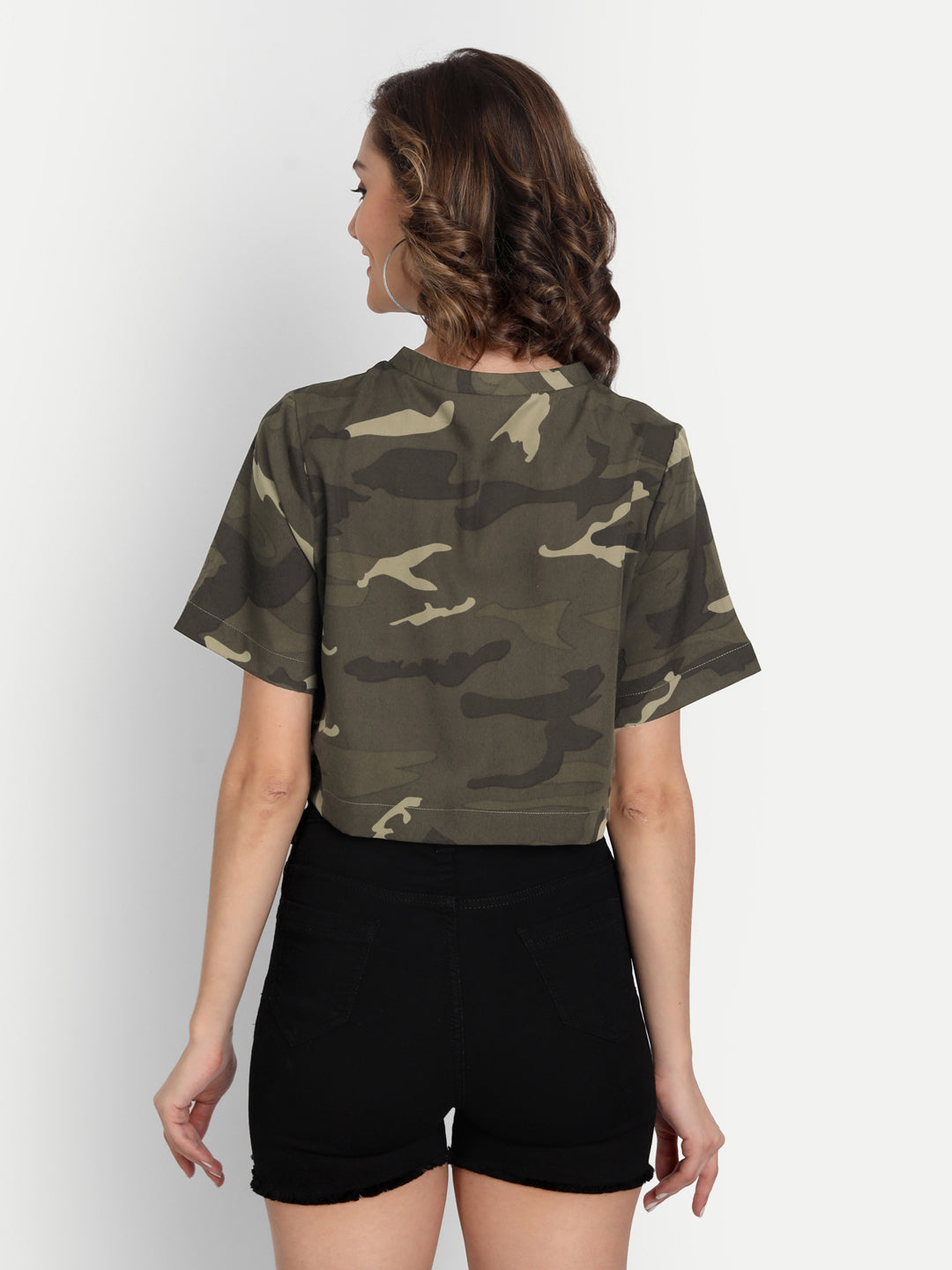 Women Olive Green & Beige Camouflage Printed Oversized Crop Top