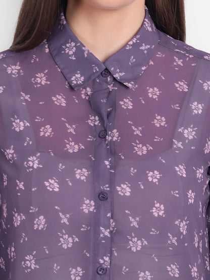 Women Purple Relaxed Semi Sheer Floral Printed Casual Shirt