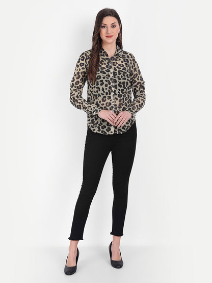 Women Brown & Black Animal Printed Semi Sheer Casual Shirt