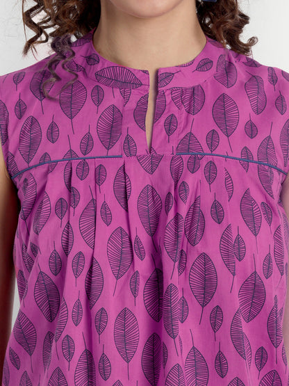 Pink & Navy Blue Graphic Print Mandarin Collar Pure Cotton Top