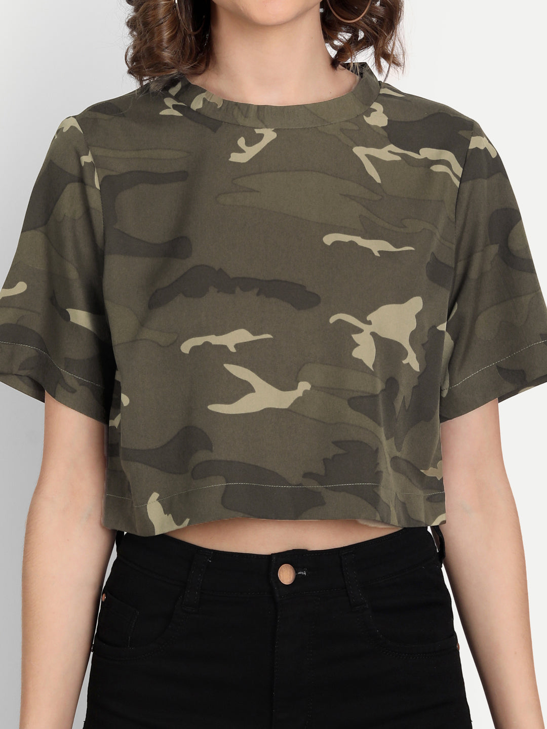 Women Olive Green & Beige Camouflage Printed Oversized Crop Top