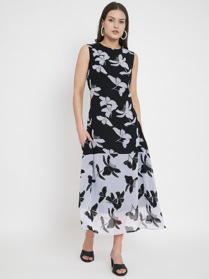 Floral Print Georgette Round Neck A-Line Midi Dress