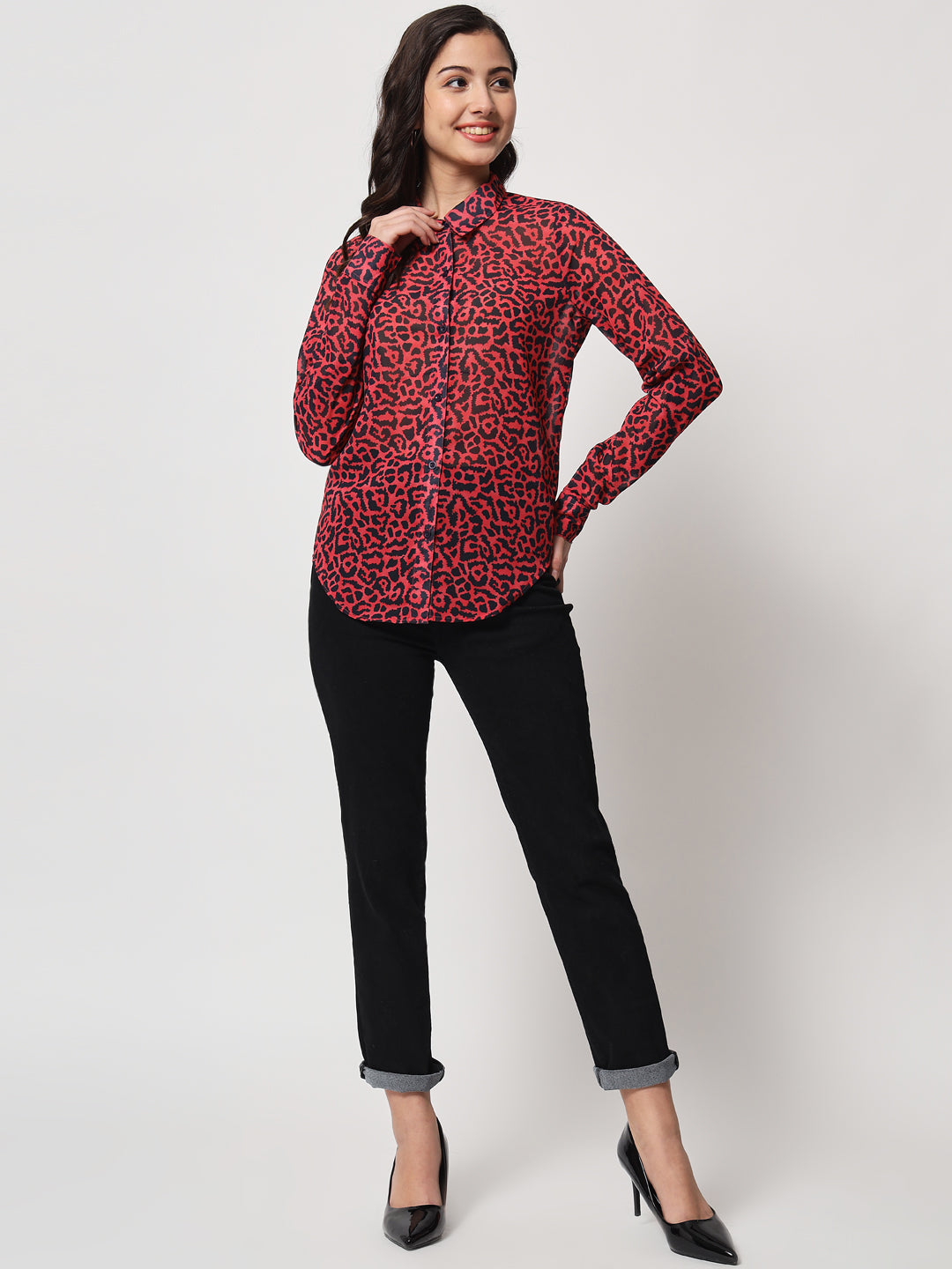 Women Red Relaxed Animal Printed Semi Sheer Casual Shirt