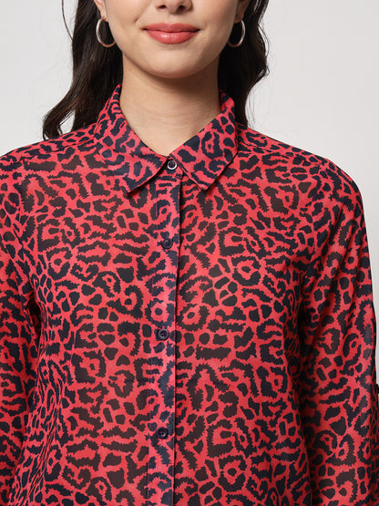 Women Red Relaxed Animal Printed Semi Sheer Casual Shirt