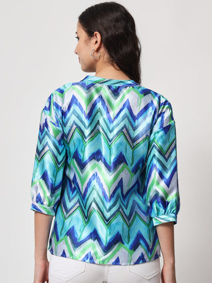 Women's Blue & Green Geometric Print Shirt Style Top